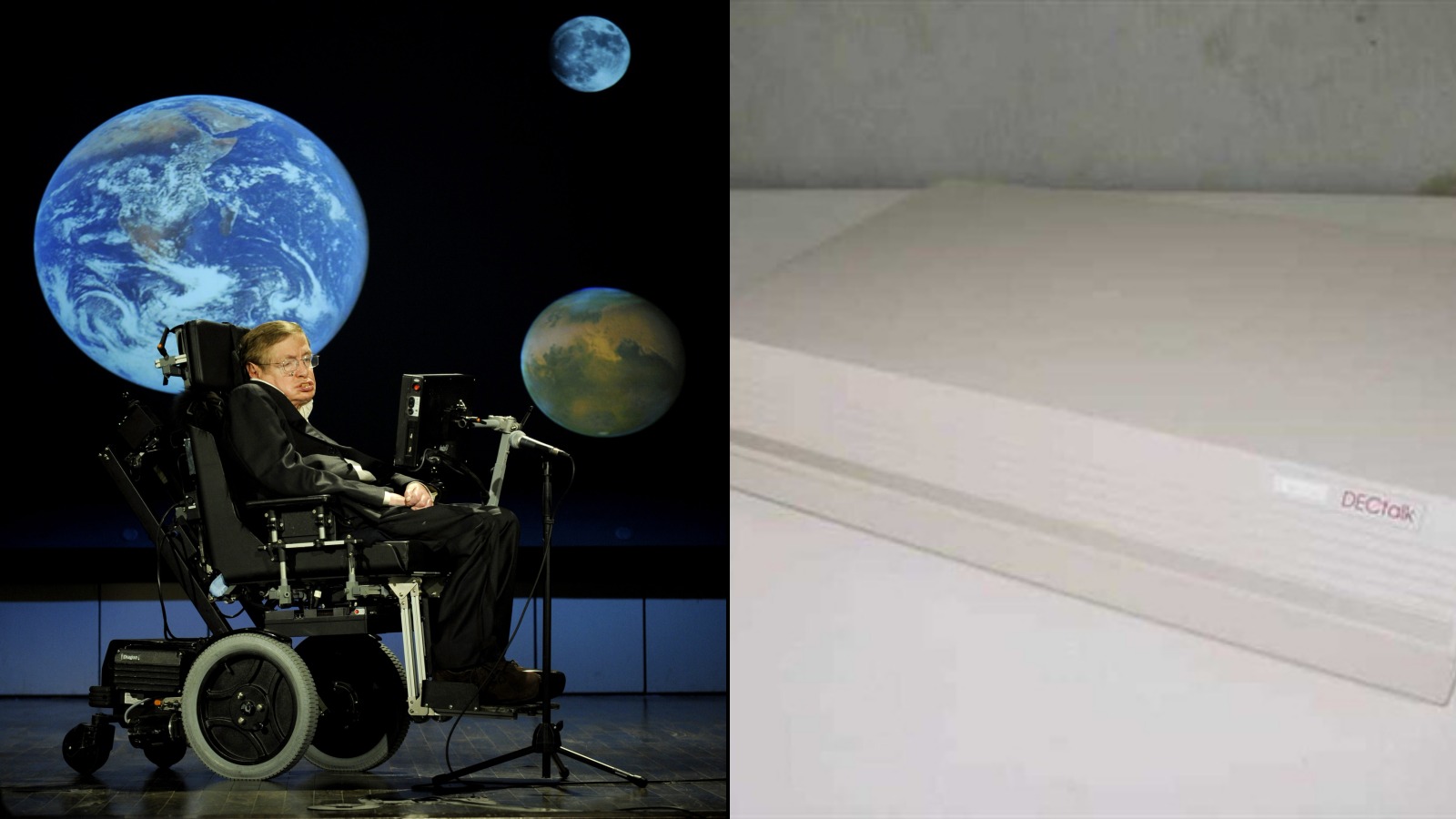 Stephen Hawking alongside the DECtalk DTC01 speech synthesizer that gave him his iconic voice